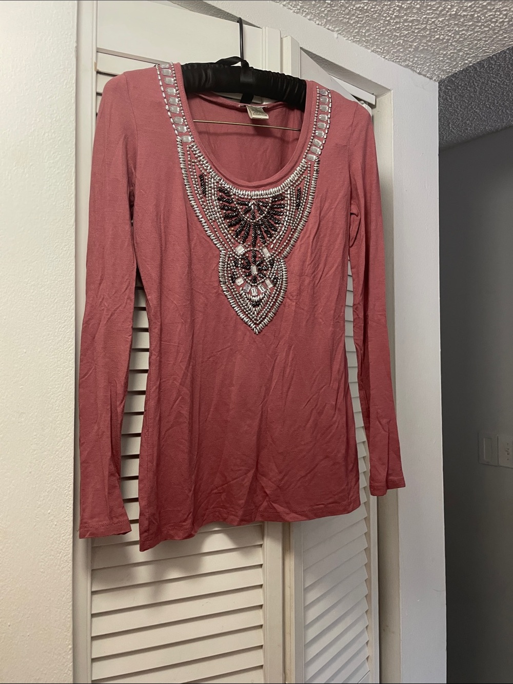 Cache Rose Pink Embellished Scoop-Neck Long Sleeve Top